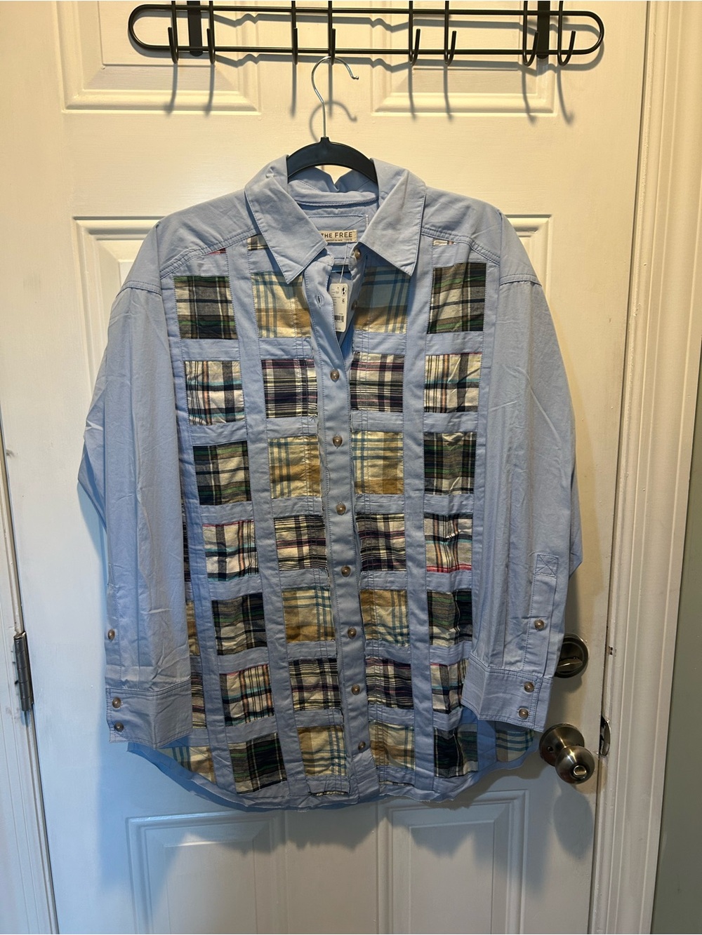 Free People Light Blue Patchwork Plaid Button-Down Boyfriend Shirt